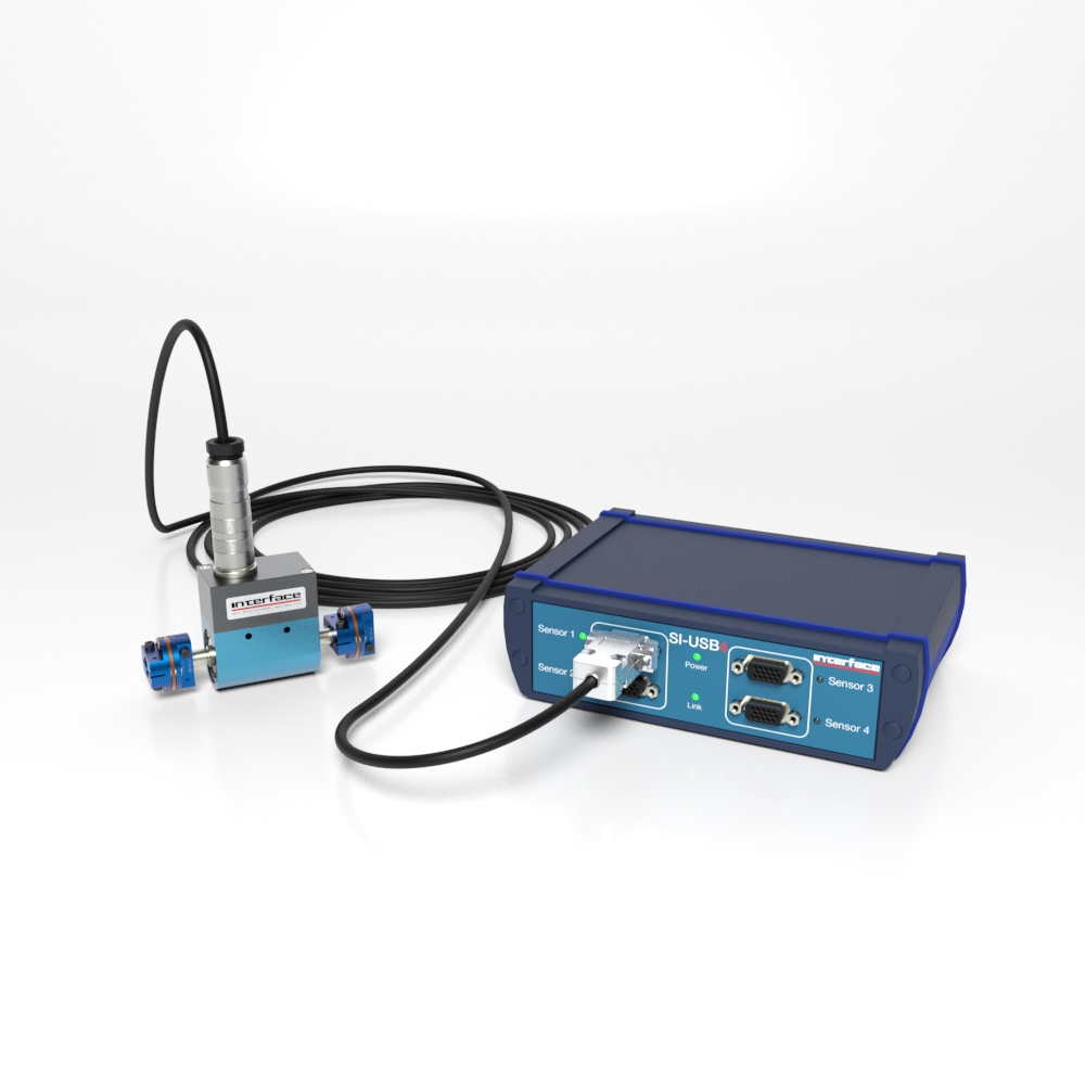 T2 Ultra Precision Shaft Style Rotary Torque Transducer and SI-USB4 4 Channel USB Interface Module with Floating Mount Single Flex Couplings